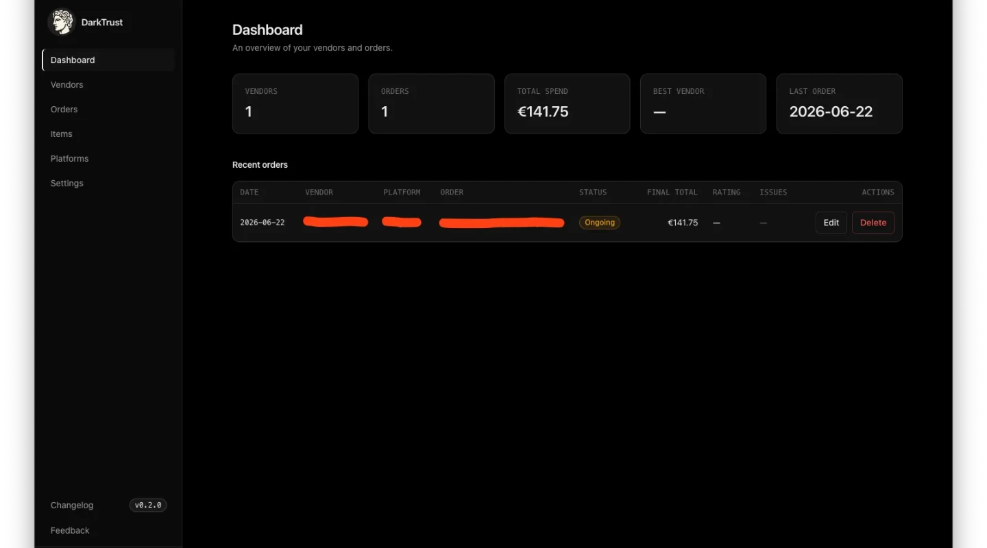 Screenshot of the DarkTrust dashboard