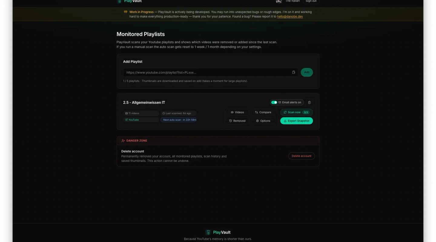 Screenshot of the PlayVault website