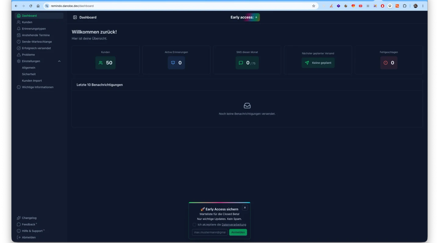 Screenshot of the Remindo dashboard showing reminder management for businesses