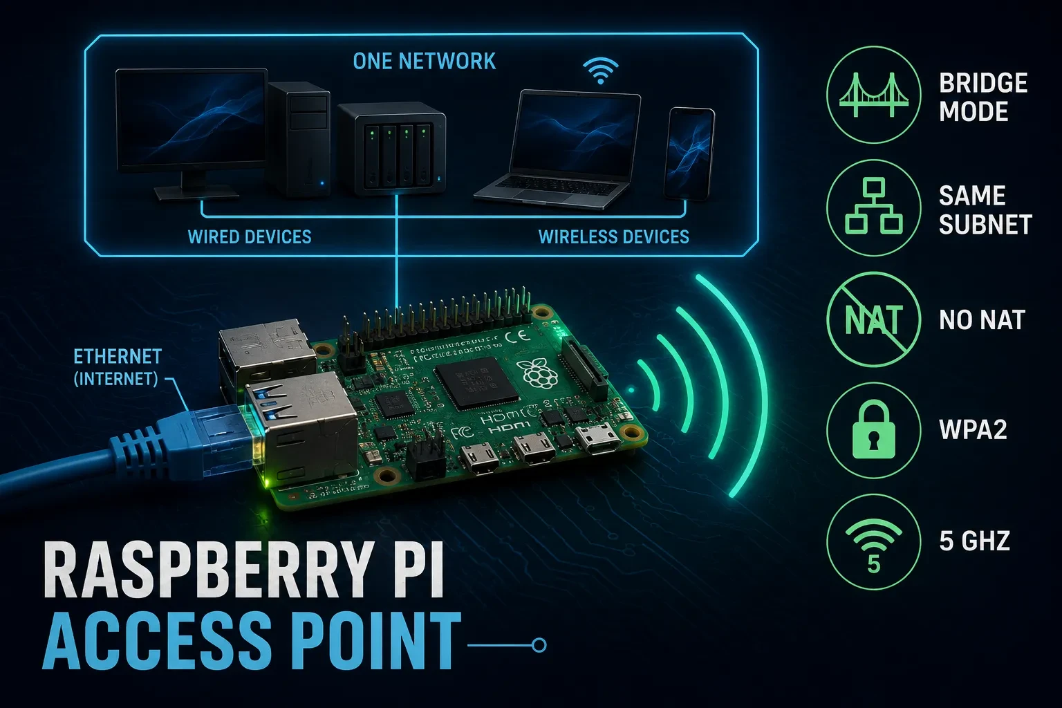 A Raspberry Pi connected by Ethernet cable, broadcasting a Wi-Fi network on the same network as the wired devices