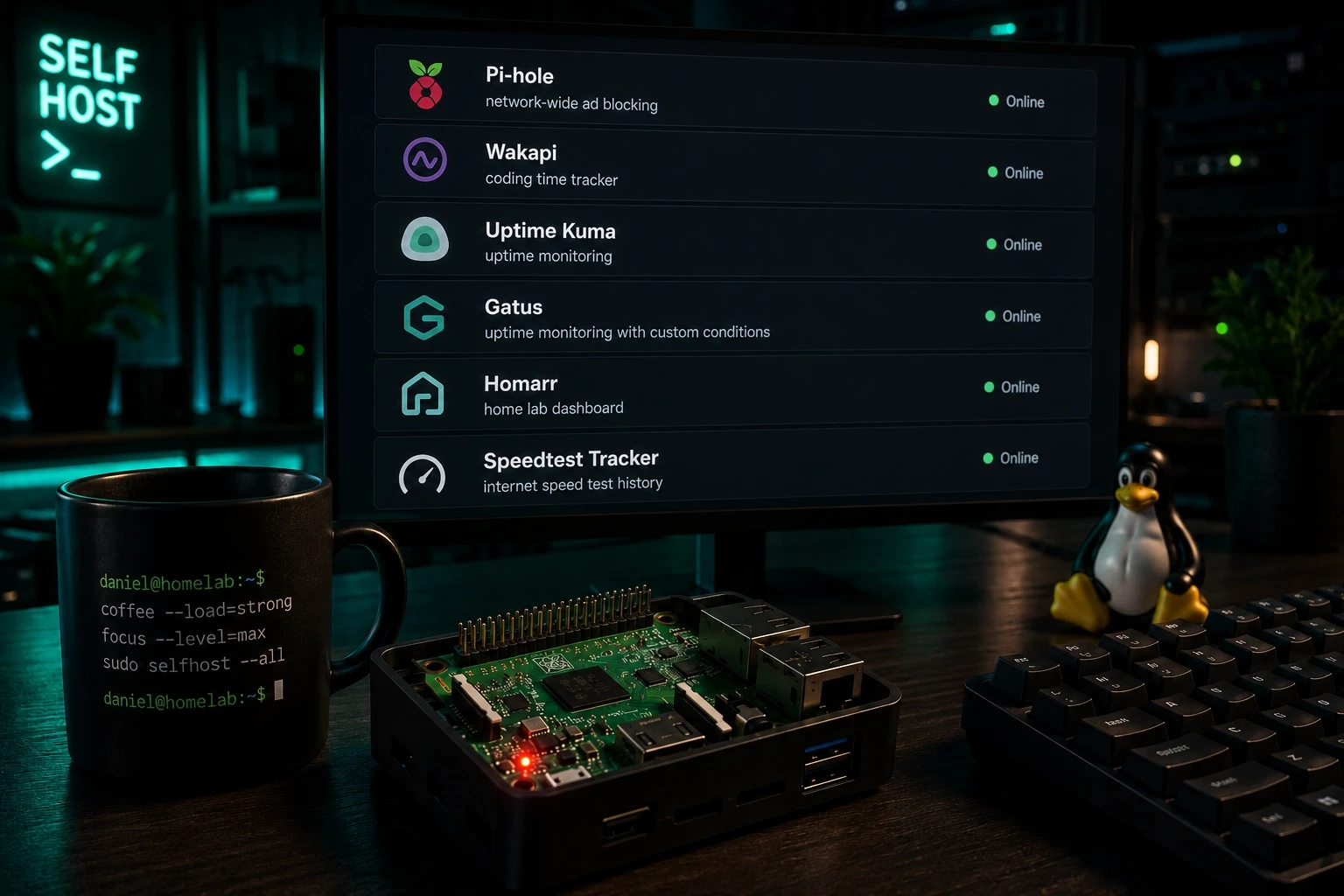 A dark terminal-style graphic listing five self-hosted home lab services: Pi-hole, Wakapi, Uptime Kuma, Gatus, and Homarr