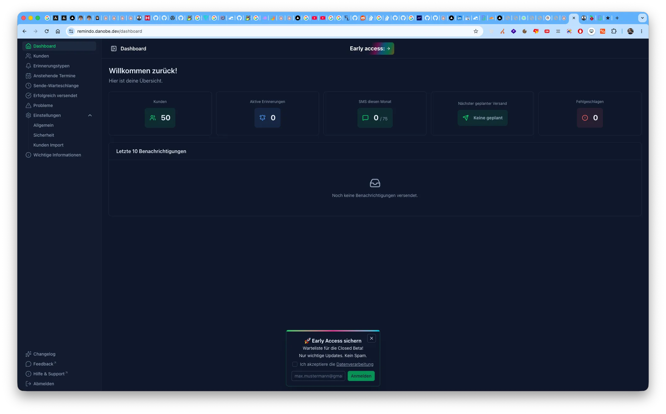 Screenshot of the Remindo dashboard showing reminder management for businesses