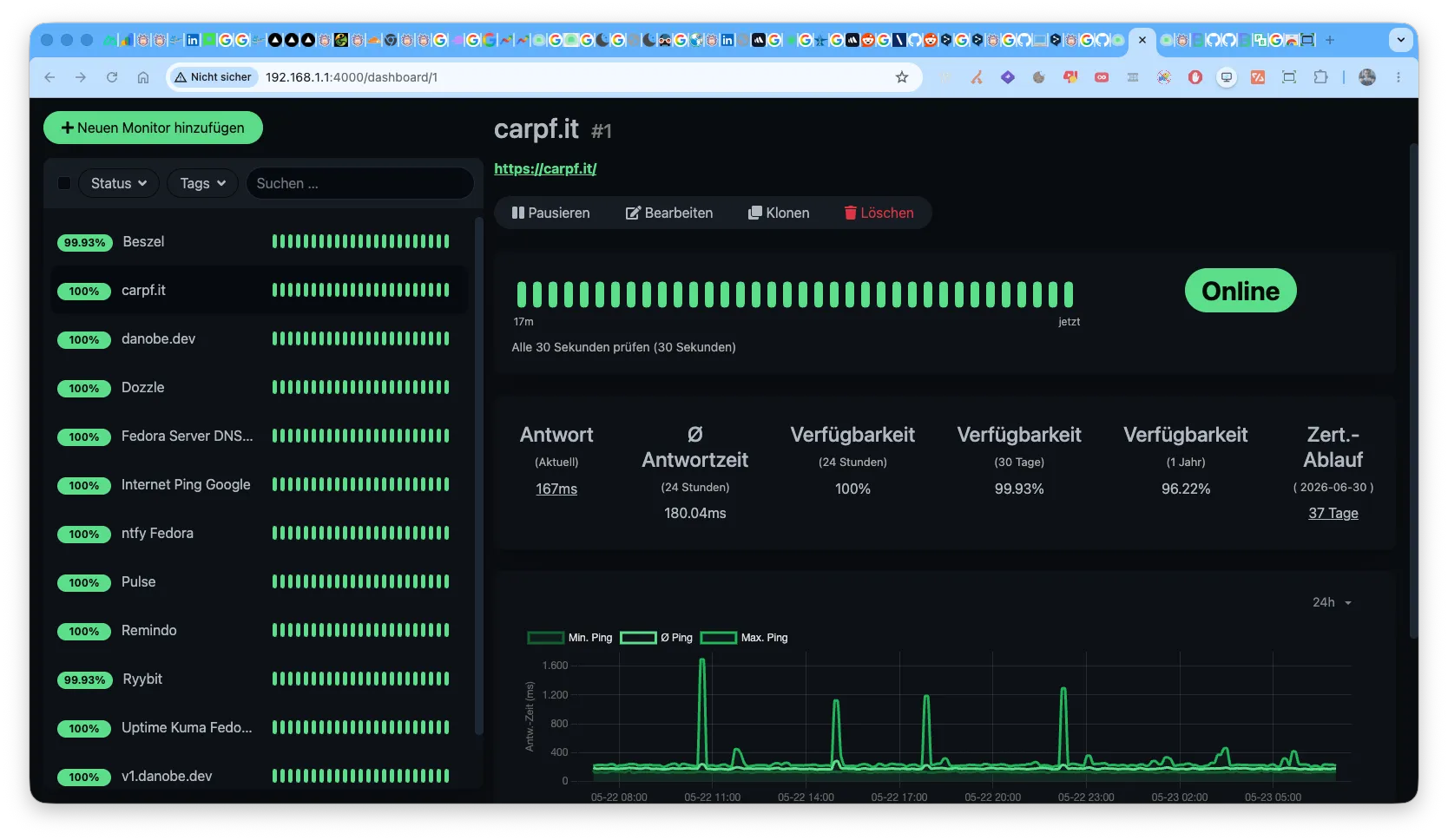 All my current monitored services by uptime kuma
